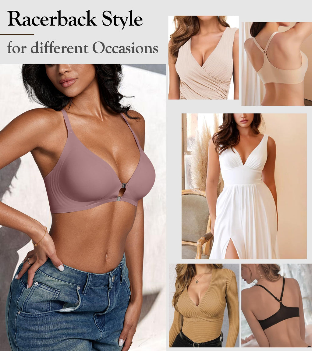 DEANGELMON Front Closure Bras for Women Racerback Bra No Underwire Seamless Push Up T-Shirts Bras Supportive Womens Bralettes