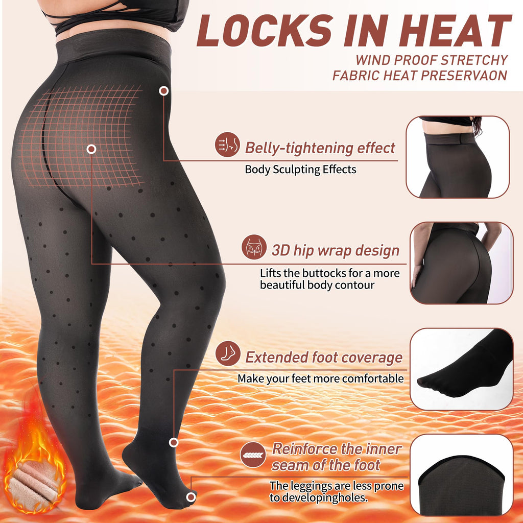 Plus Size Fleece Lined Tights Women, Fake Translucent Winter Thermal Pantyhose, High Waist Warm Thermal Leggings.