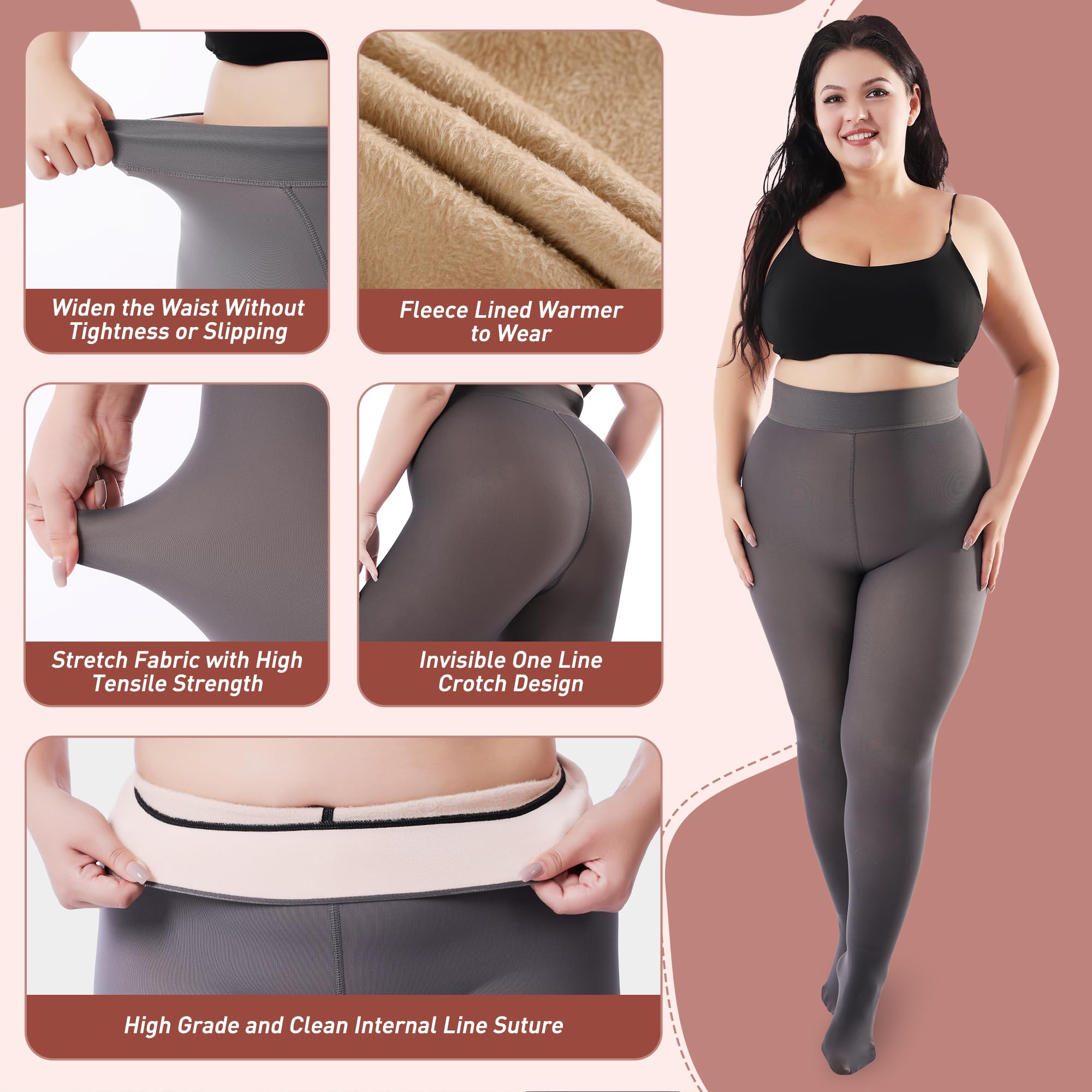 Plus Size Fleece Lined Tights Women, Fake Translucent Winter Thermal Pantyhose, High Waist Warm Thermal Leggings.