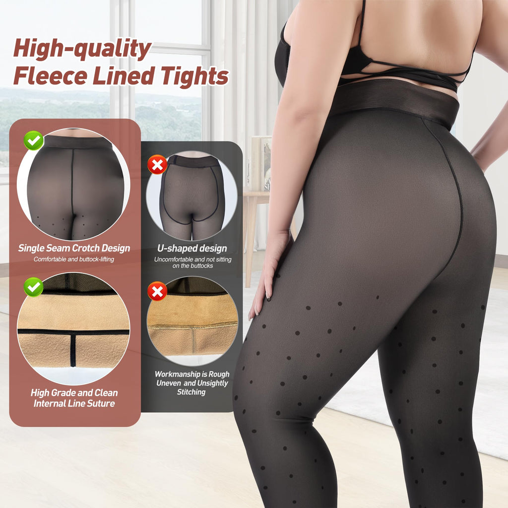 Plus Size Fleece Lined Tights Women, Fake Translucent Winter Thermal Pantyhose, High Waist Warm Thermal Leggings.