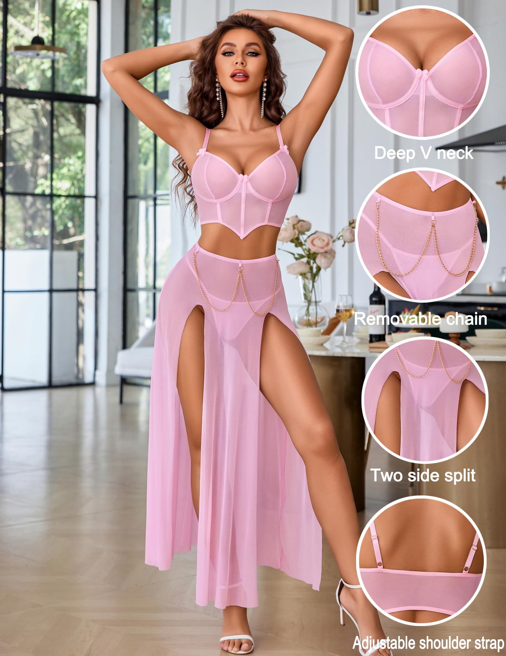 Avidlove Women Lingerie Babydoll Chemise 3 Piece Set Mesh Side Split Nightgown