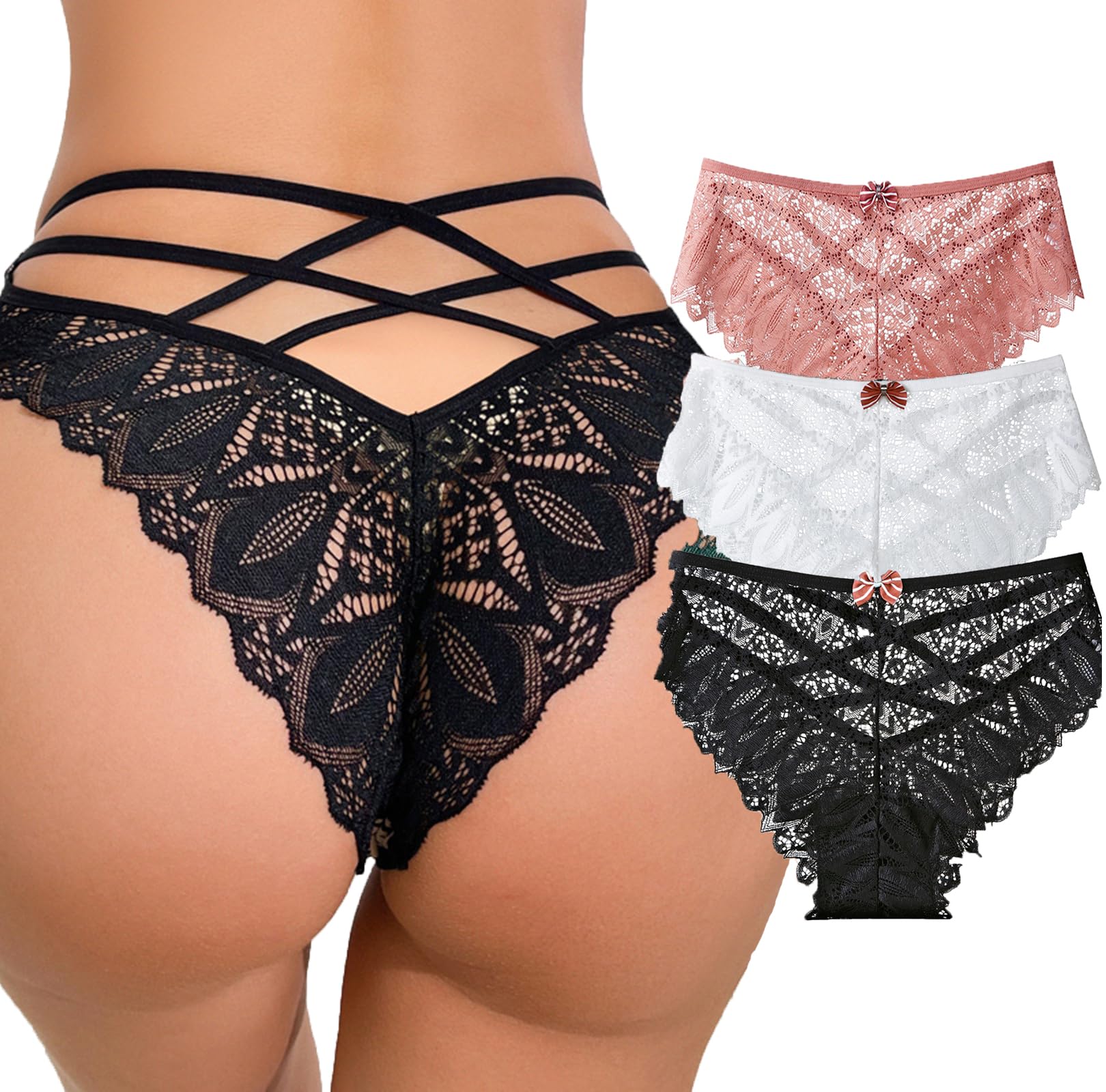 Womens Sexy Thongs Lace Panties Underwear Low Rise Plus Size Underpants Pack of 1-3