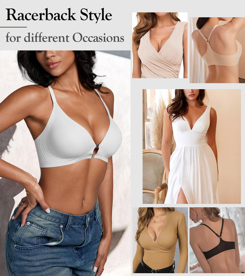 DEANGELMON Front Closure Bras for Women Racerback Bra No Underwire Seamless Push Up T-Shirts Bras Supportive Womens Bralettes