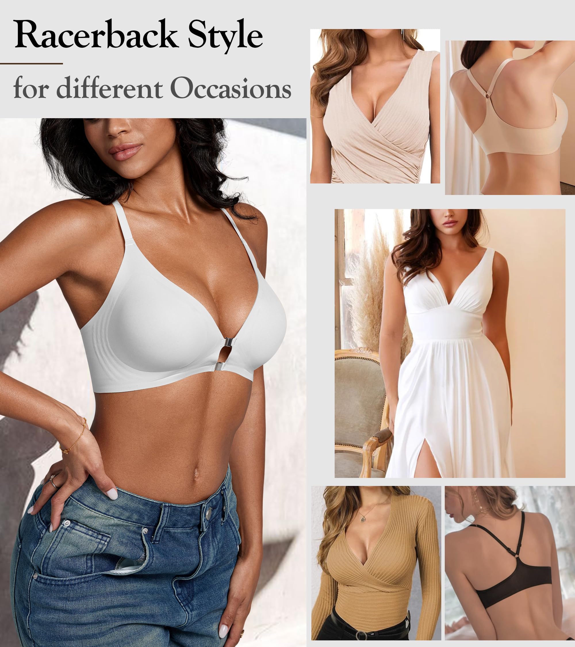 DEANGELMON Front Closure Bras for Women Racerback Bra No Underwire Seamless Push Up T-Shirts Bras Supportive Womens Bralettes