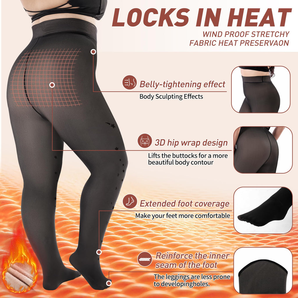 Plus Size Fleece Lined Tights Women, Fake Translucent Winter Thermal Pantyhose, High Waist Warm Thermal Leggings.