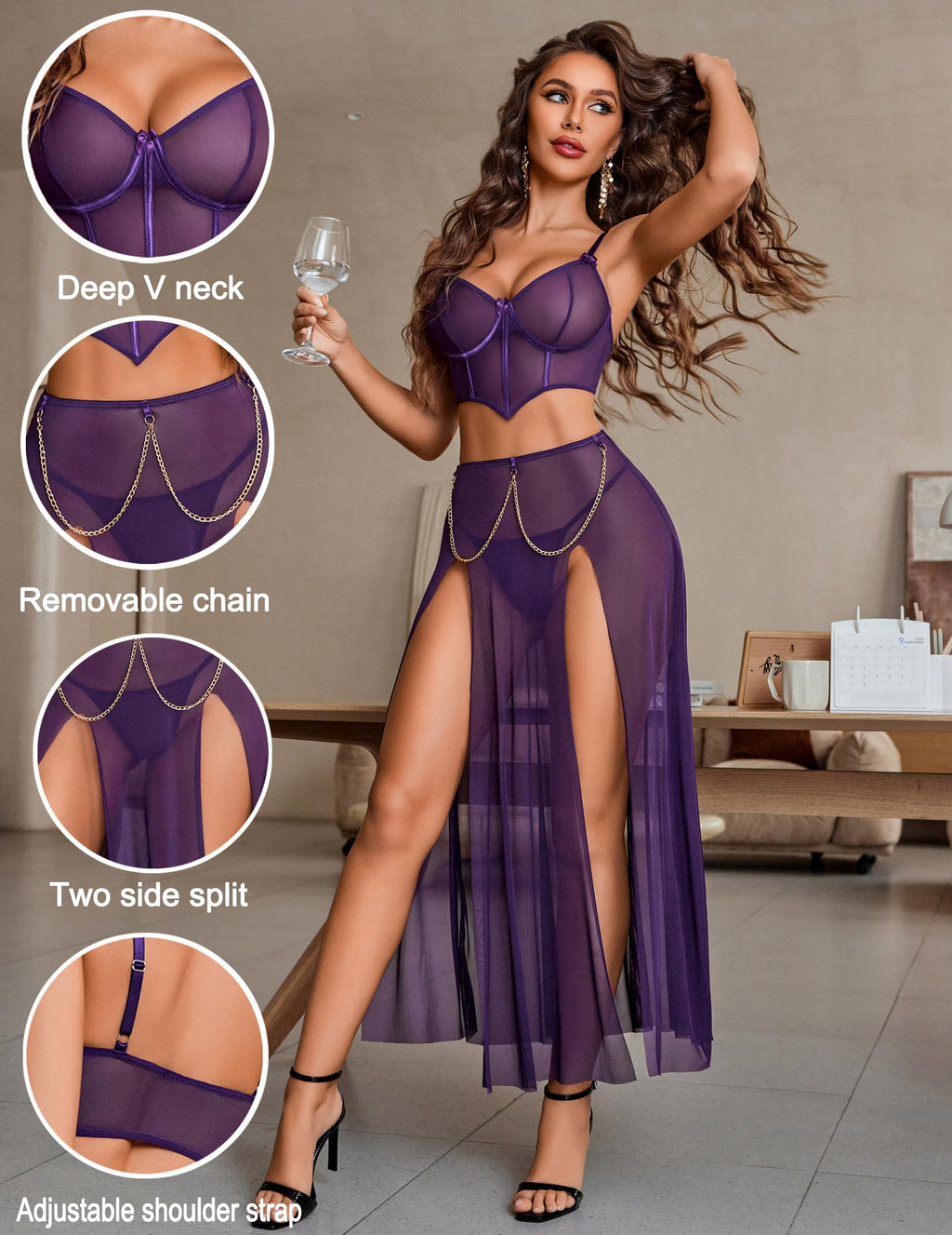 Avidlove Women Lingerie Babydoll Chemise 3 Piece Set Mesh Side Split Nightgown
