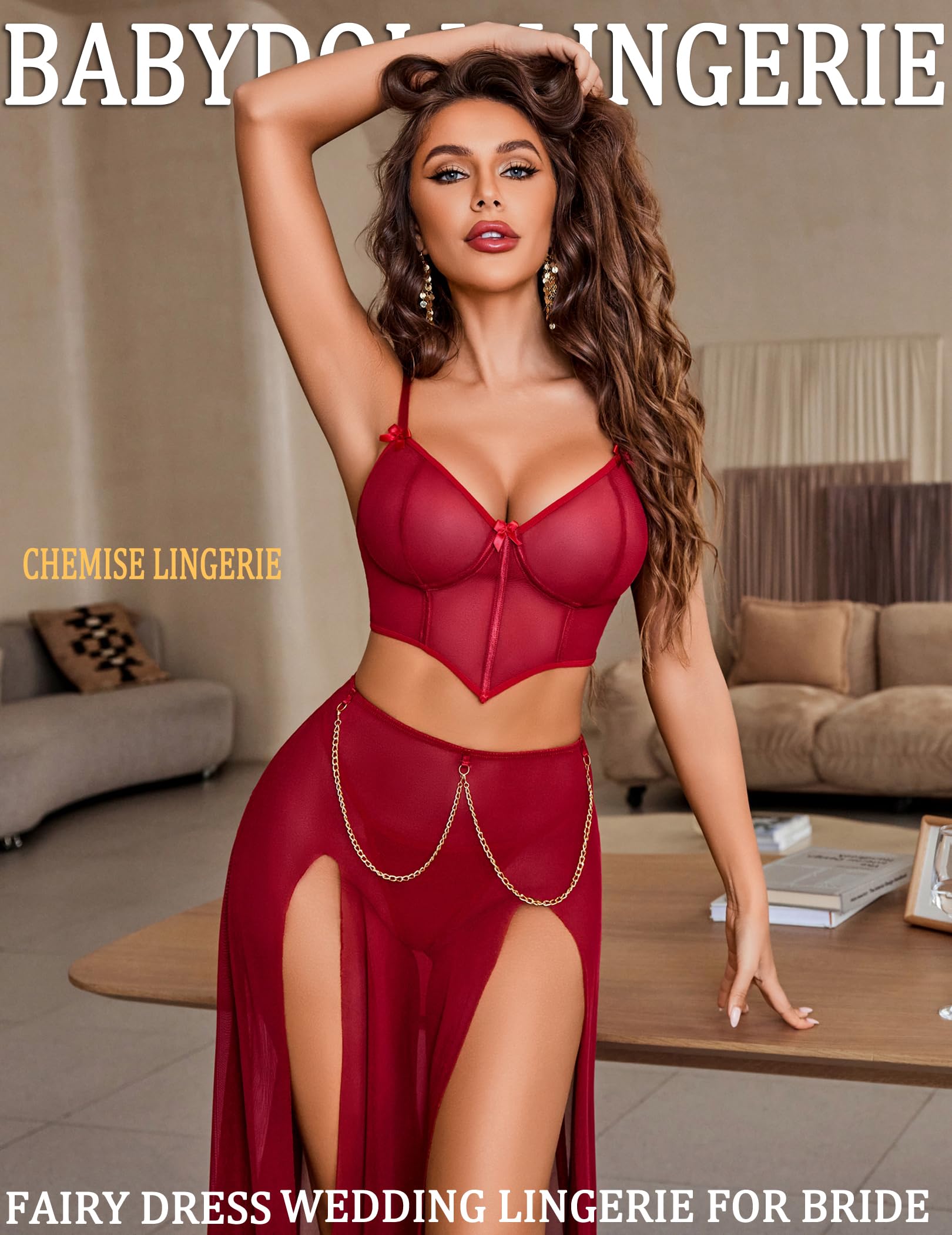Avidlove Women Lingerie Babydoll Chemise 3 Piece Set Mesh Side Split Nightgown