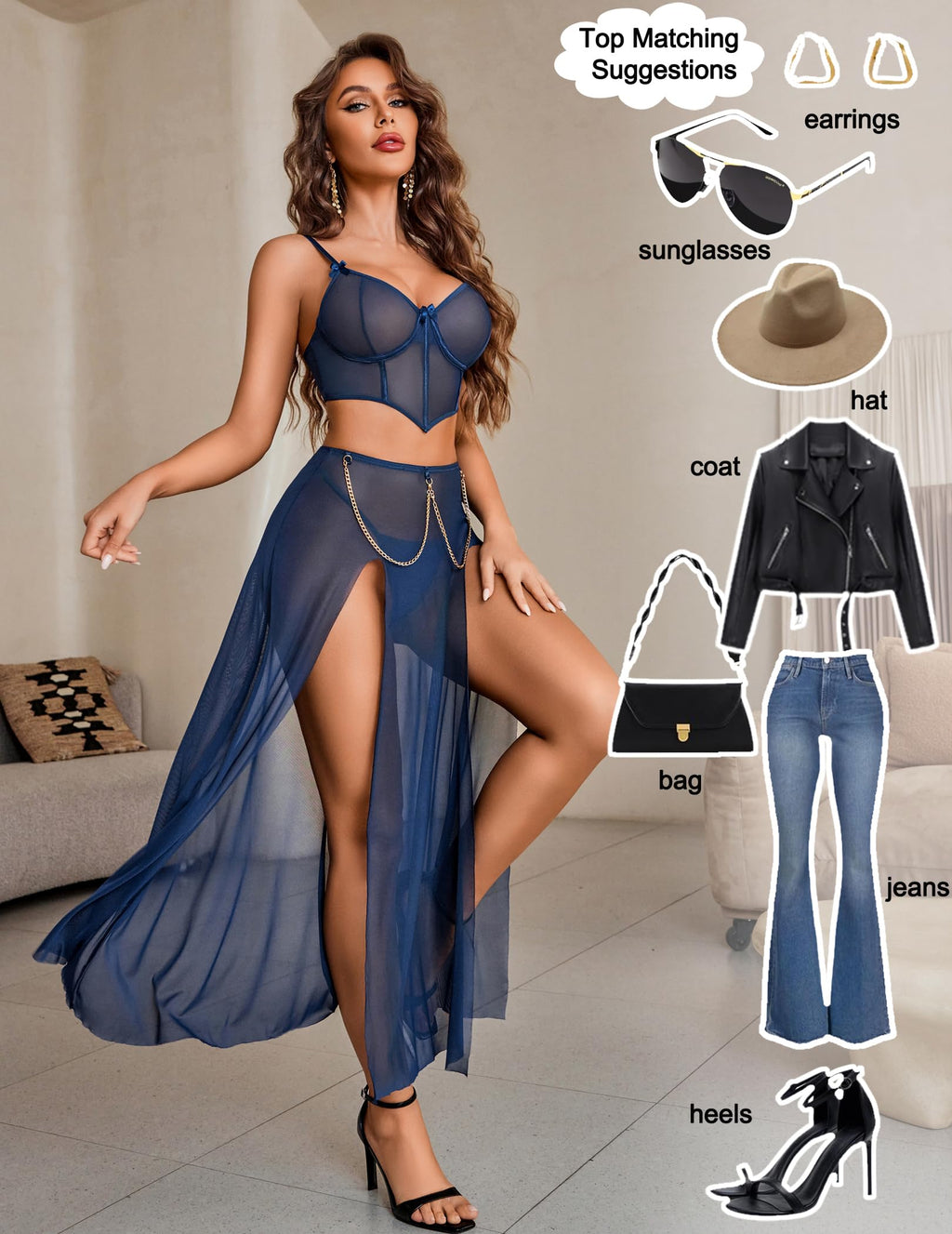 Avidlove Women Lingerie Babydoll Chemise 3 Piece Set Mesh Side Split Nightgown