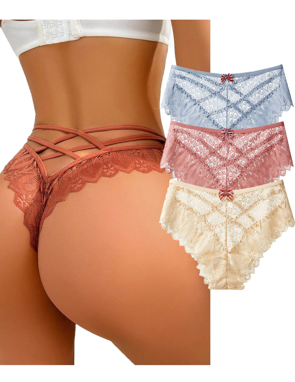 Womens Sexy Thongs Lace Panties Underwear Low Rise Plus Size Underpants Pack of 1-3
