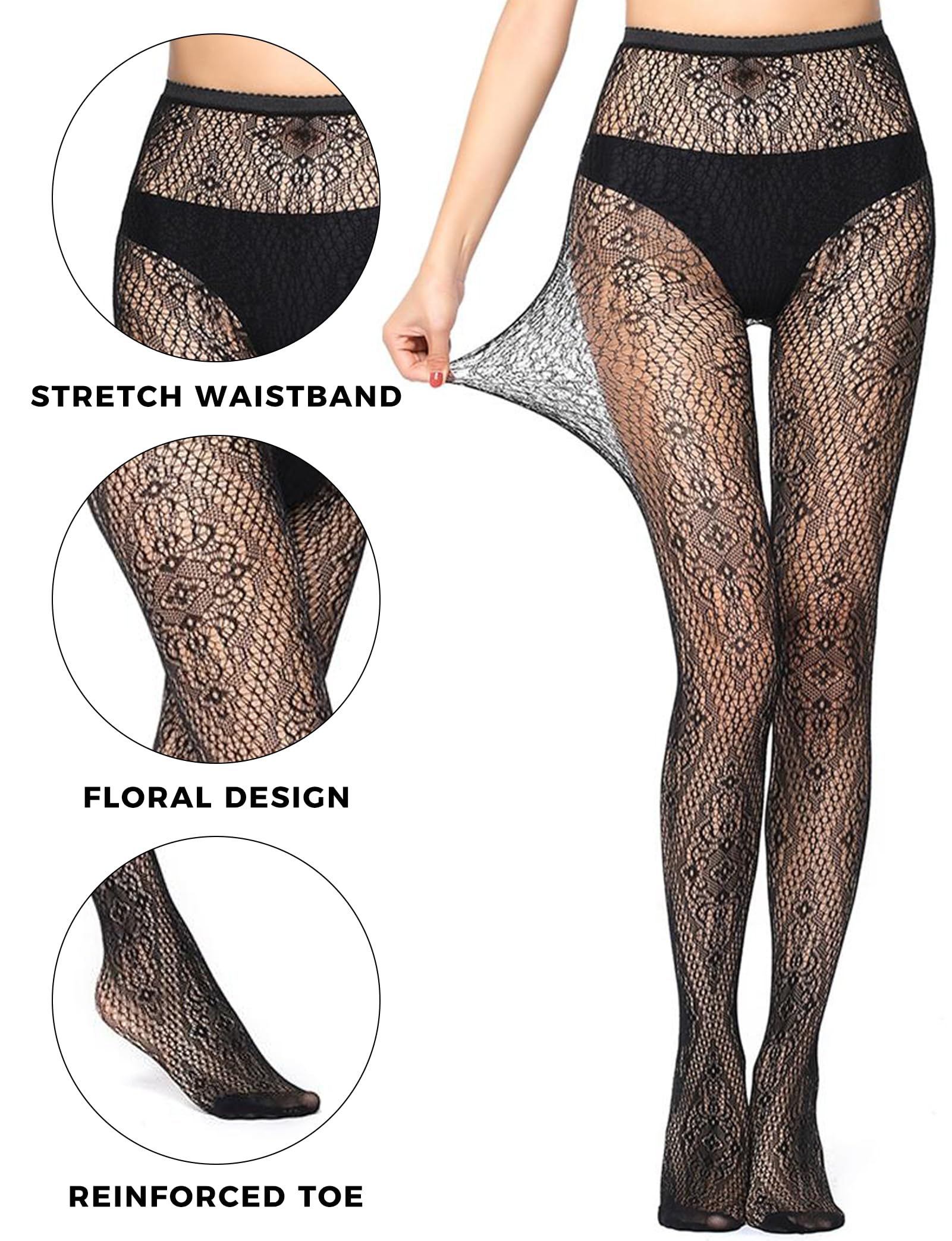 Buauty Womens Patterned Fishnet Tights Lace Black Fish Net Stockings High Waist Floral Pantyhose Gothic Witch Party