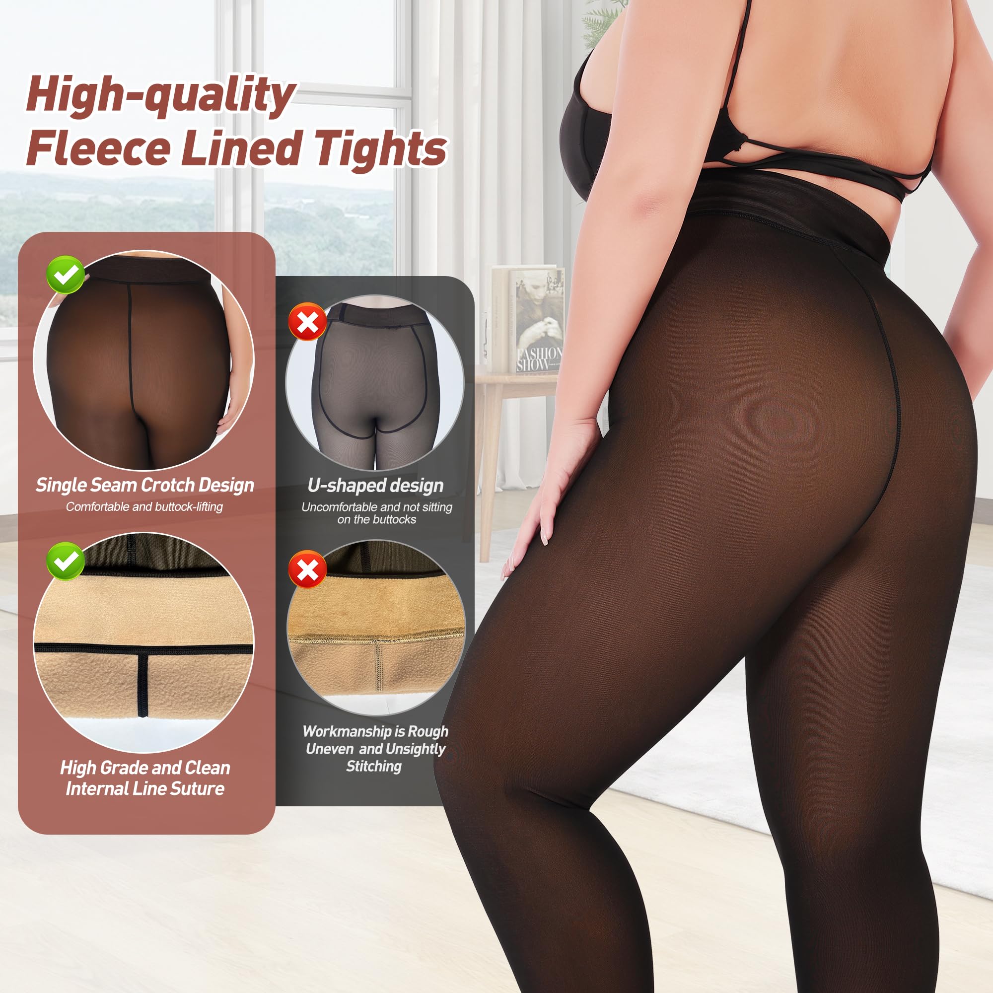 Plus Size Fleece Lined Tights Women, Fake Translucent Winter Thermal Pantyhose, High Waist Warm Thermal Leggings.