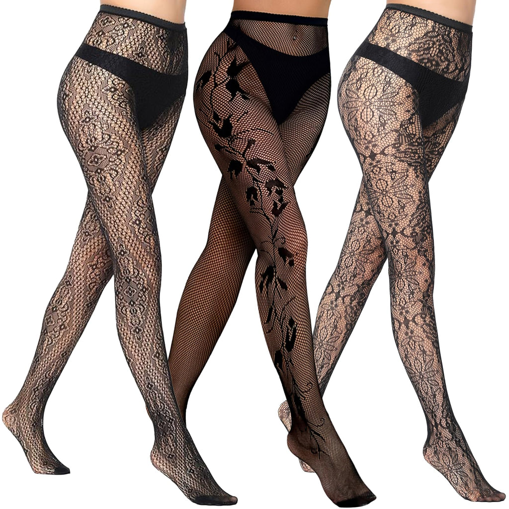Buauty Womens Patterned Fishnet Tights Lace Black Fish Net Stockings High Waist Floral Pantyhose Gothic Witch Party