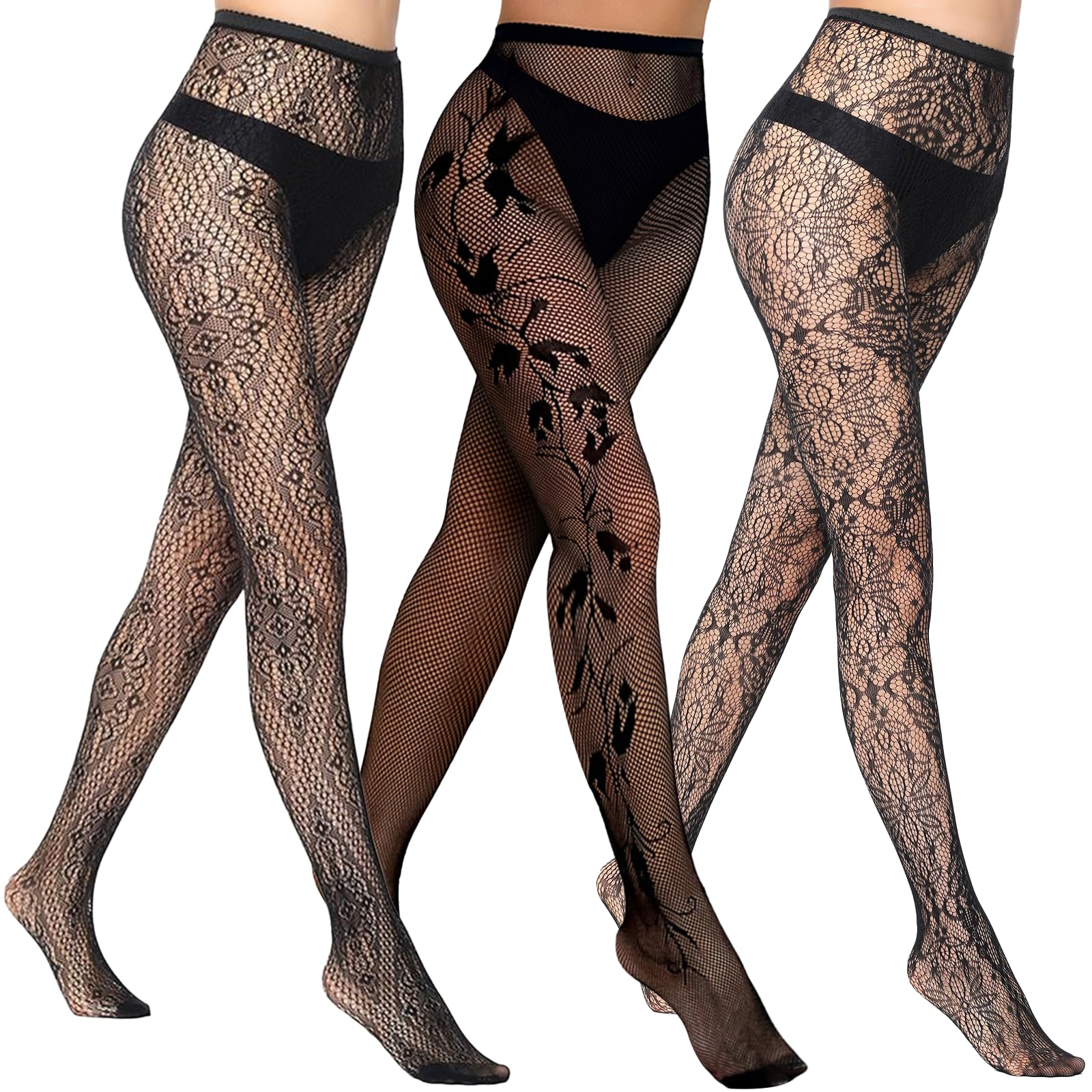 Buauty Womens Patterned Fishnet Tights Lace Black Fish Net Stockings High Waist Floral Pantyhose Gothic Witch Party