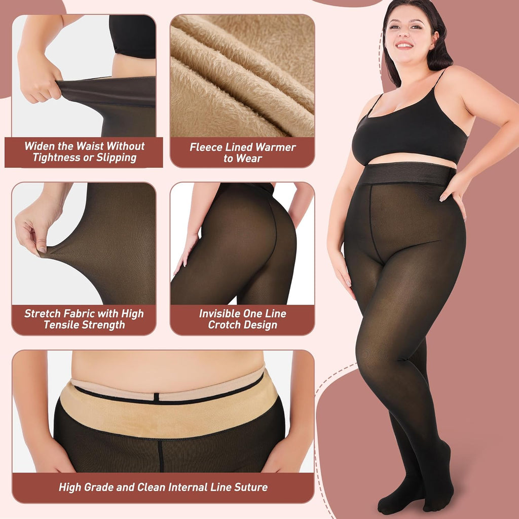 Plus Size Fleece Lined Tights Women, Fake Translucent Winter Thermal Pantyhose, High Waist Warm Thermal Leggings.