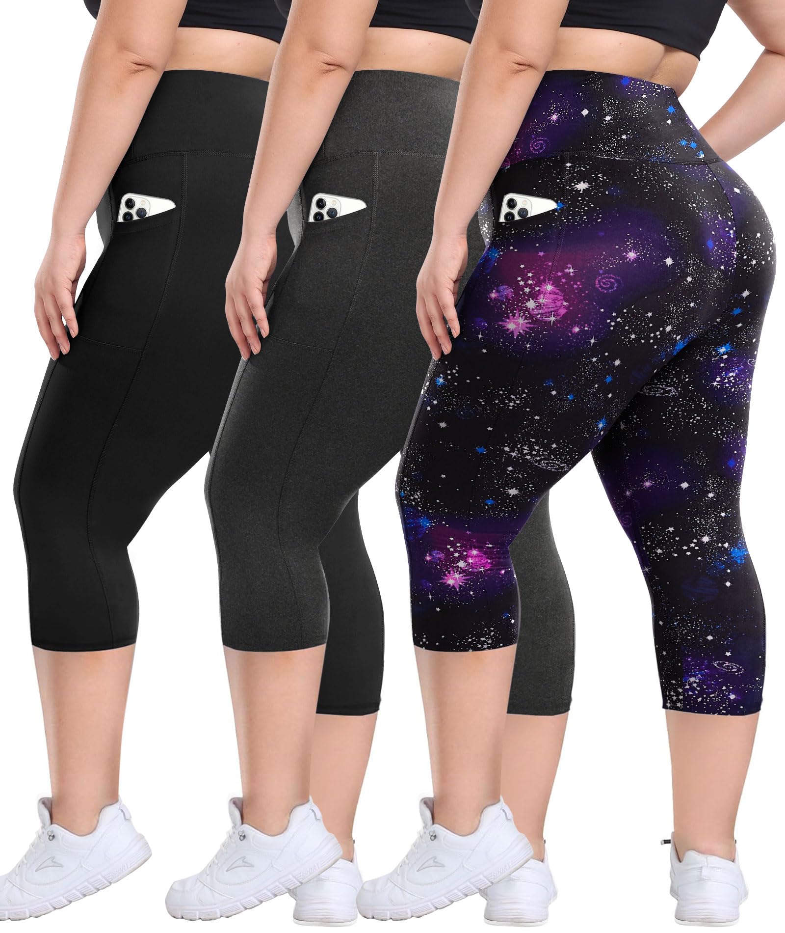 3 Pack Plus Size Leggings with Pockets for Women - High Waisted Tummy Control Spandex Soft Black Workout Yoga Pants
