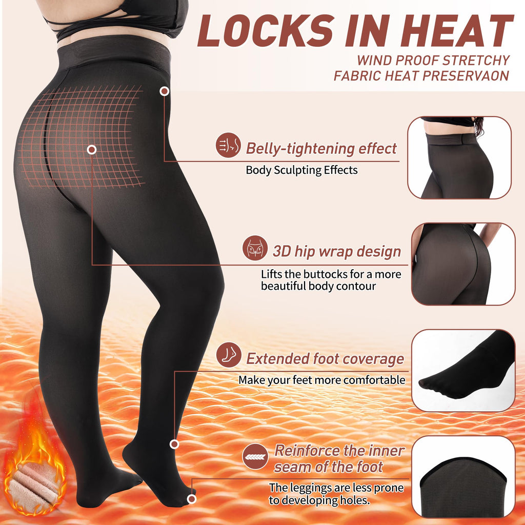 Plus Size Fleece Lined Tights Women, Fake Translucent Winter Thermal Pantyhose, High Waist Warm Thermal Leggings.
