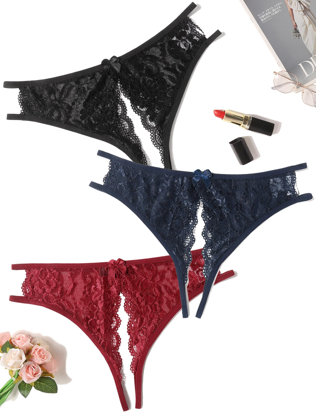 Avidlove Women Lace Panties Sexy Thong Underwear Floral Lace Briefs with Cute Bow Center