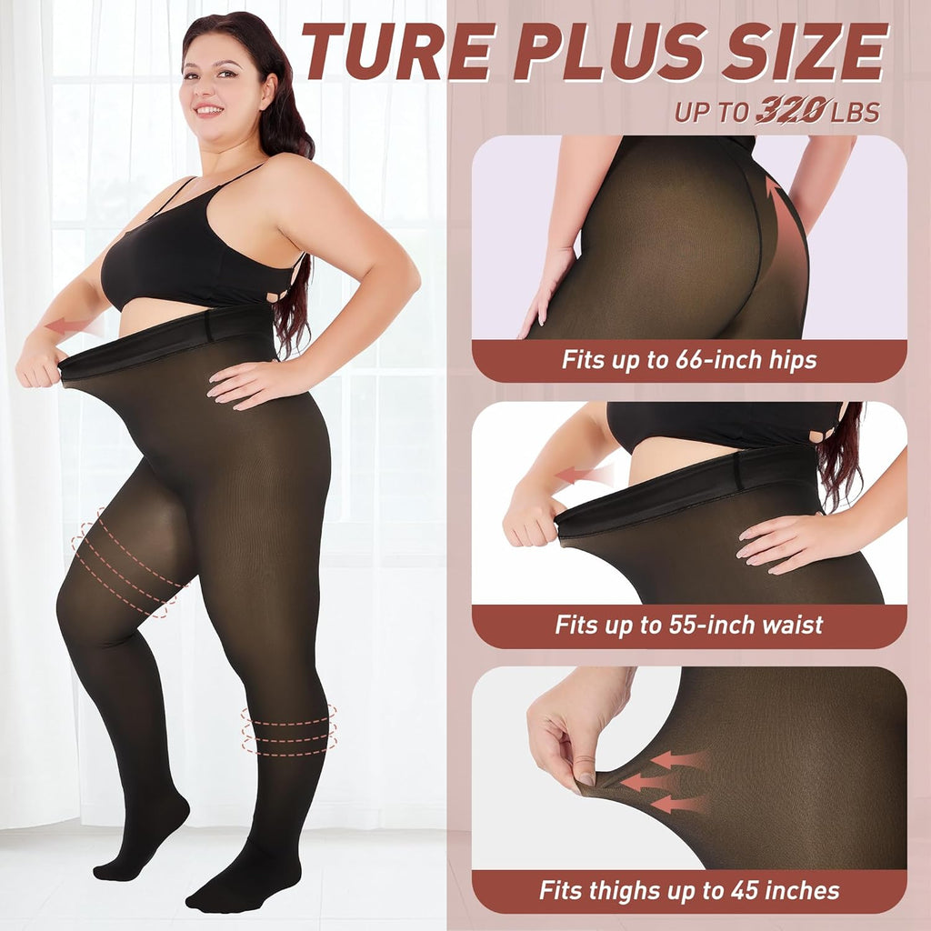 Plus Size Fleece Lined Tights Women, Fake Translucent Winter Thermal Pantyhose, High Waist Warm Thermal Leggings.