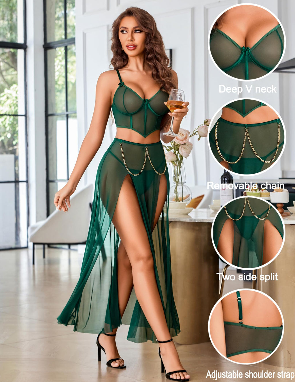 Avidlove Women Lingerie Babydoll Chemise 3 Piece Set Mesh Side Split Nightgown