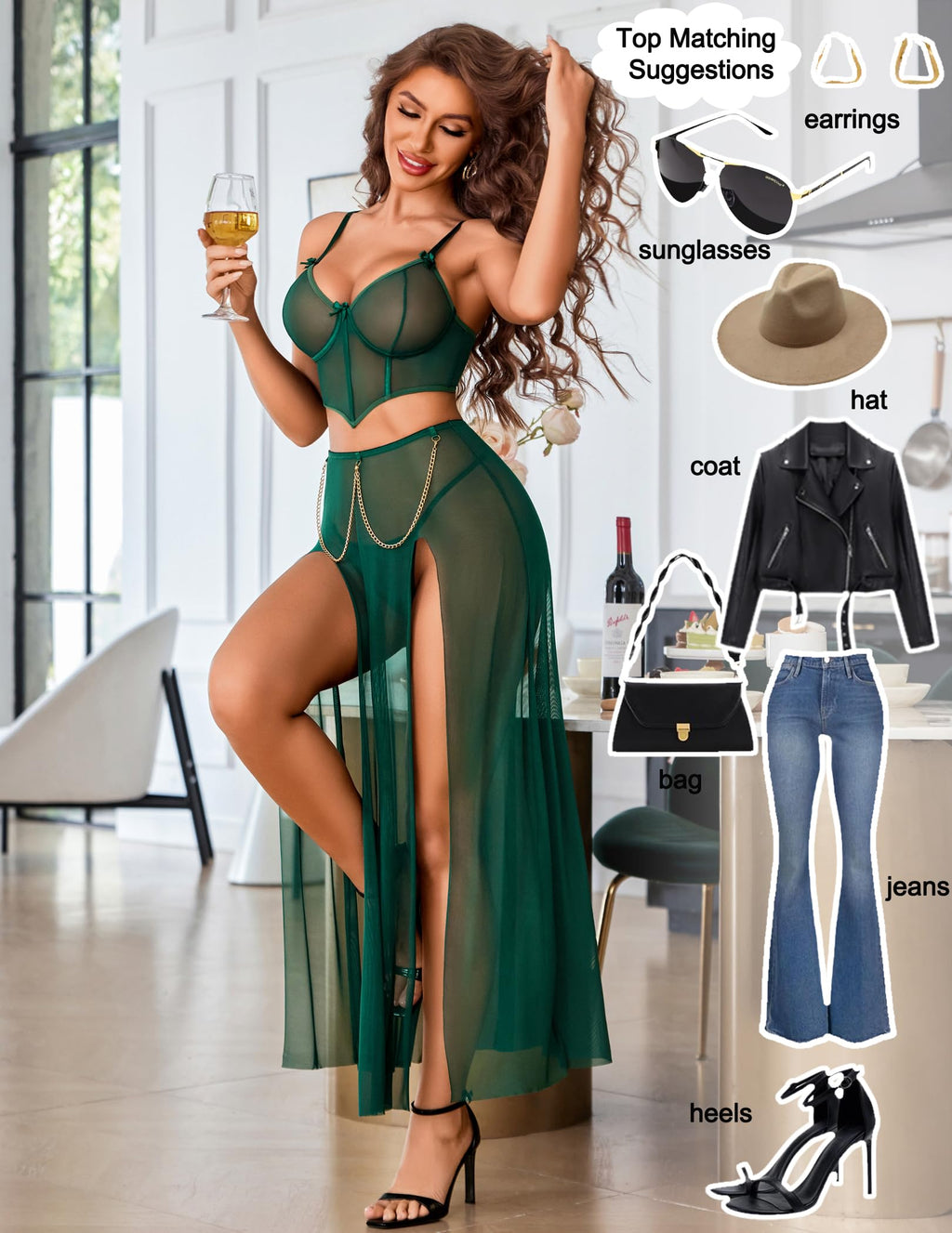 Avidlove Women Lingerie Babydoll Chemise 3 Piece Set Mesh Side Split Nightgown