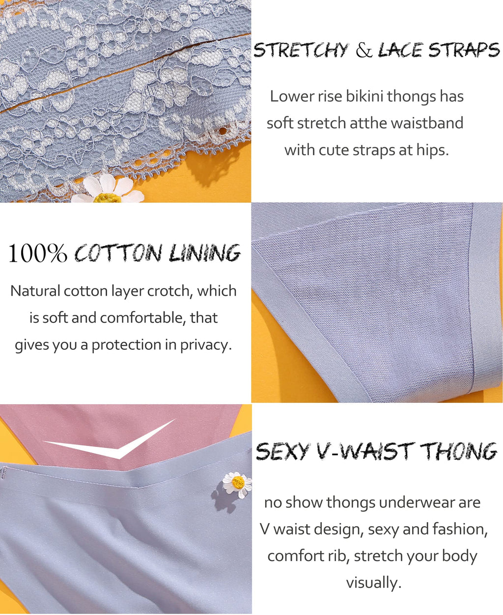 FINETOO Seamless Thongs for Women 6 Pack Sexy V-Wasit Womens Underwear No Show T-back Panties for Women