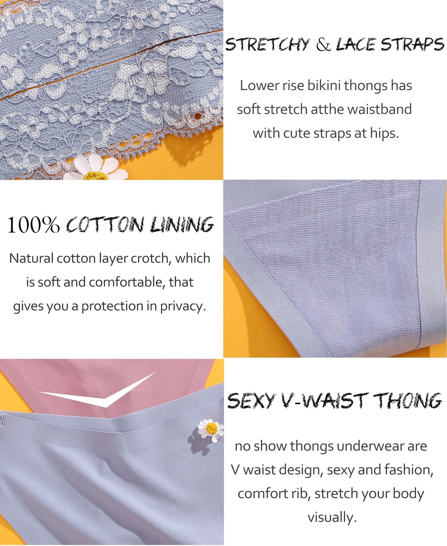 FINETOO Seamless Thongs for Women 6 Pack Sexy V-Wasit Womens Underwear No Show T-back Panties for Women